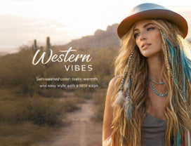 Western feather hair extensions collection banner with long natural feather hair extensions in tan, brown, cream, and turquoise tones styled in blonde hair against a desert western backdrop.