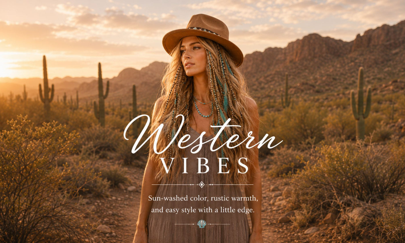 Western Vibes feather hair extensions featuring natural earth-tone and grizzly rooster feathers inspired by rustic western style and country fashion.